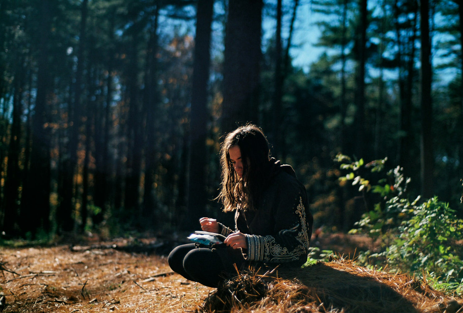 Woman sitting in a serene forest clearing, journaling and reflecting in the sunlight, embodying mindfulness and connection with nature through The Microdose Journal.